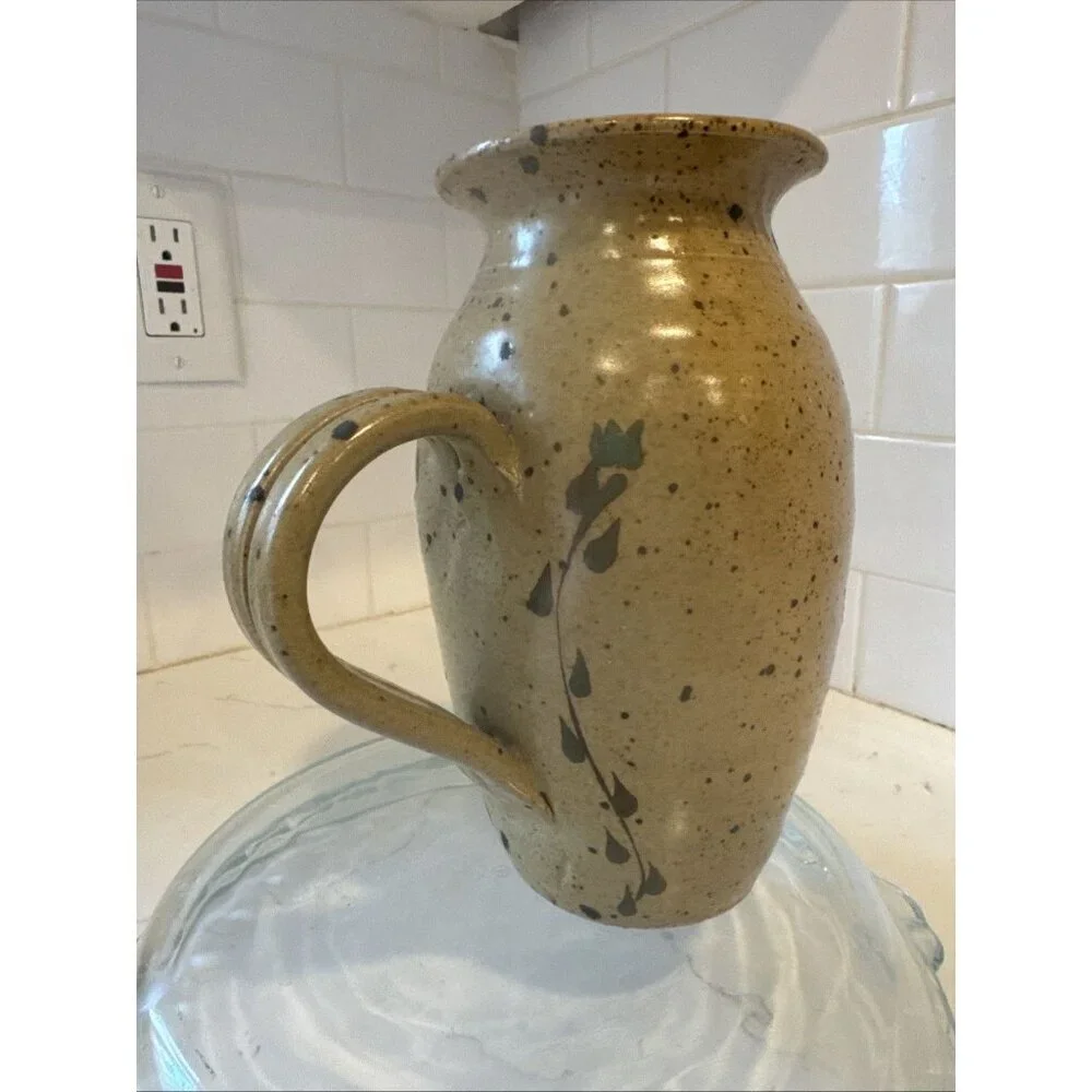 Small Handmade Pitcher Brown With Flowers 7 1/2 Tall Vintage